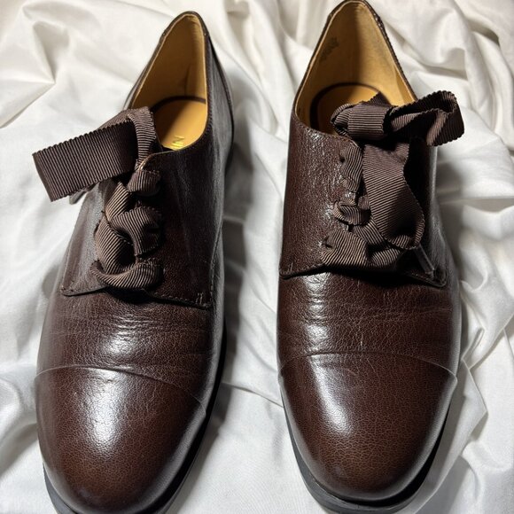 New Nine West Hwthalya Brown Leather Oxford Flats w/ Ribbon Laces – Size 6.5 - Picture 2 of 6